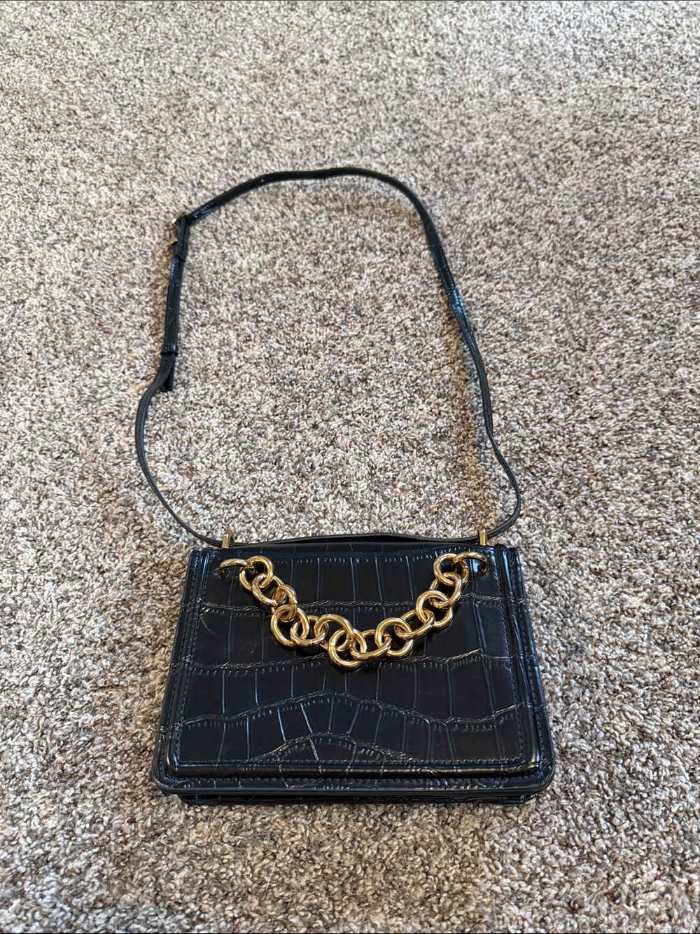 Zara Black Croc-Embossed Crossbody Bag with Gold Chain